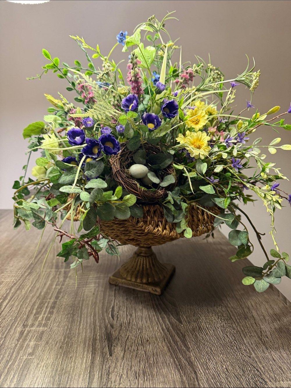 Spring Meadow Faux Floral Centerpiece with Purple, Yellow & Green -
